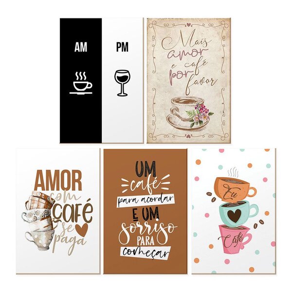 Kit 5 Quadros Para Decoração Frases Café Cozinha Amor