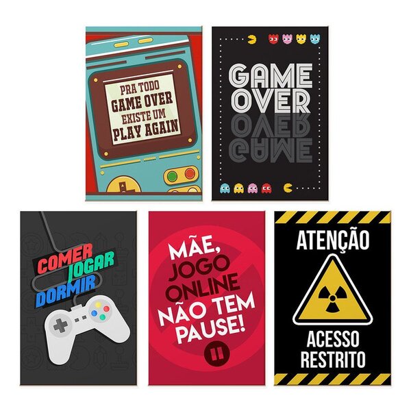 Kit 5 Quadros Para Decoração Jogos Frases Colorido Quarto