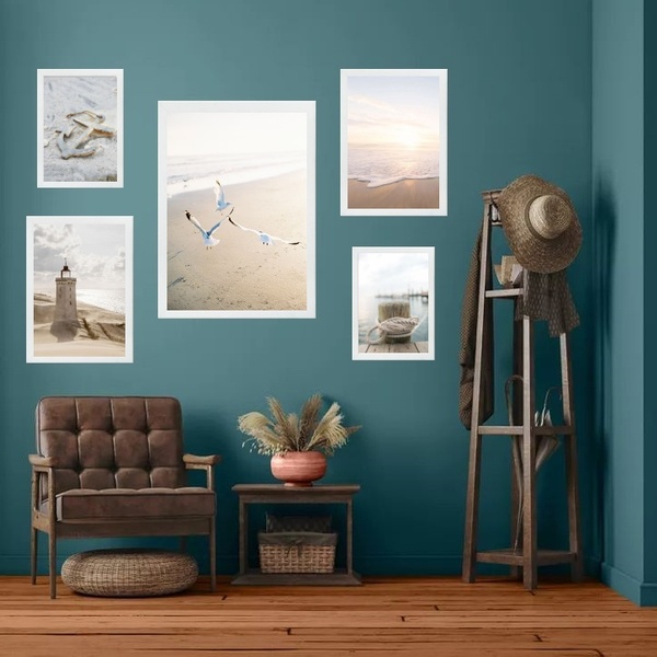 Kit 5 Quadros Praia Soft - Branco E Bege - Com Vidro Moldura: