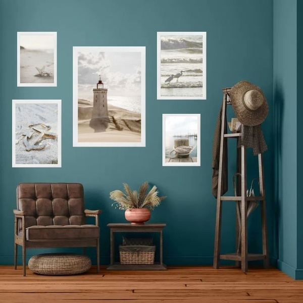 Kit 5 Quadros Praia Soft - Farol - Com Vidro Moldura:madeira