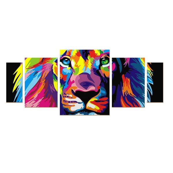 Kit 5 Quadros Sem Moldura Leão Colorido Moderno Sala Parede