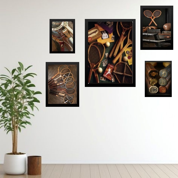 Kit 5 Quadros Tênis Vintage - Raquetes Moldura:madeira Branca