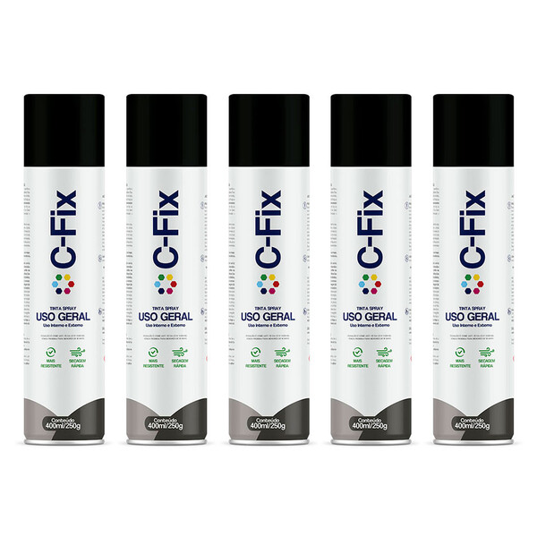 Kit 5 Tintas Spray Preto Semi Brilho Uso Geral 400ml C-fix