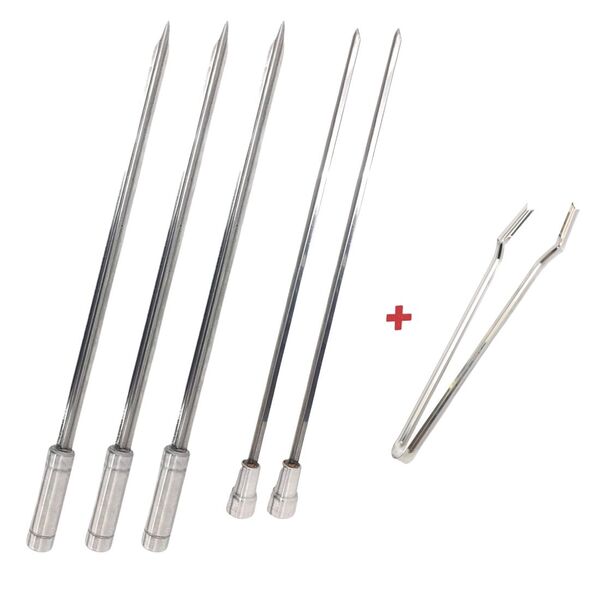 Kit 5x Espetos Inox 40cm Espada, Coração E Pegador De Carnes