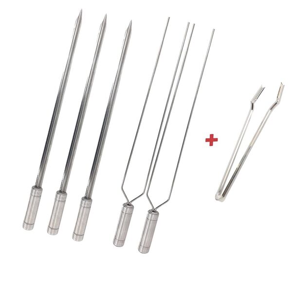 Kit 5x Espetos Inox 50cm Espada, Duplo E Pegador De Carnes