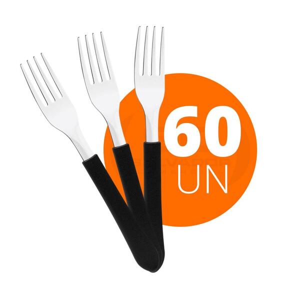 Kit - 60 Garfos De Mesa Leme Com Lâmina Em Aço Inox Cabo Pret