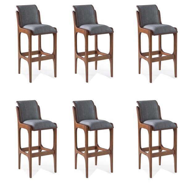 Kit 6 Banquetas Alta Madeira Maciça Pedri Linho Cinza/imbuia