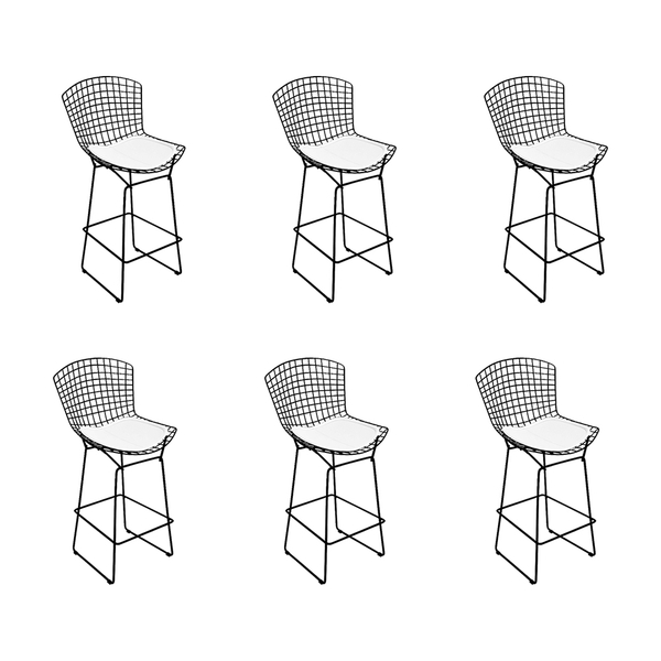 Kit 6 Banquetas Bertoia Preta D60 Com Assento Branco