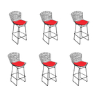 Kit 6 Banquetas Bertoia Preta D70 Com Assento Vermelho