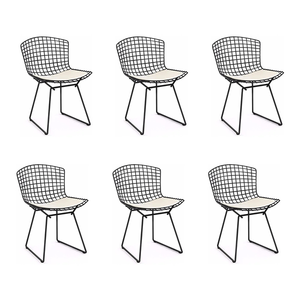 Kit 6 Cadeiras Bertoia Preta Com Assento Branco