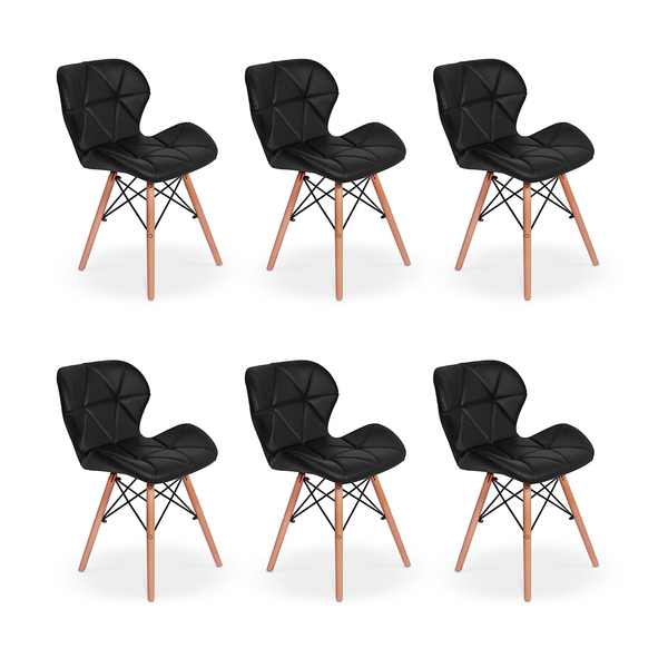 Kit 6 Cadeiras Charles Eames Eiffel Slim Wood Estofada Preta