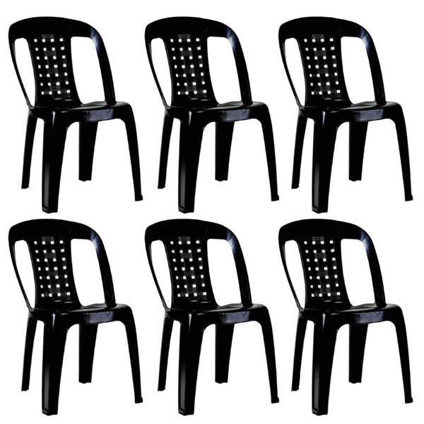 Kit 6 Cadeiras De Plástico Preta Com Encosto Vime Empilhável