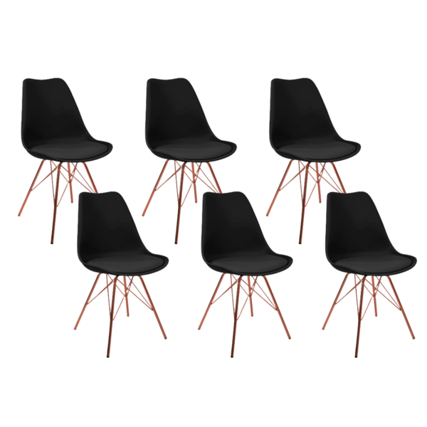 Kit 6 Cadeiras Eames Leda Design Estofada Preta Tower Cobre
