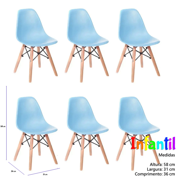 Kit 6 Cadeiras Eiffel Eames Kids Azul Base Madeira Infantil C