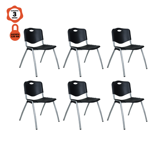 Kit 6 Cadeiras Universitária Unim Preto Empilhavel Escola Pre