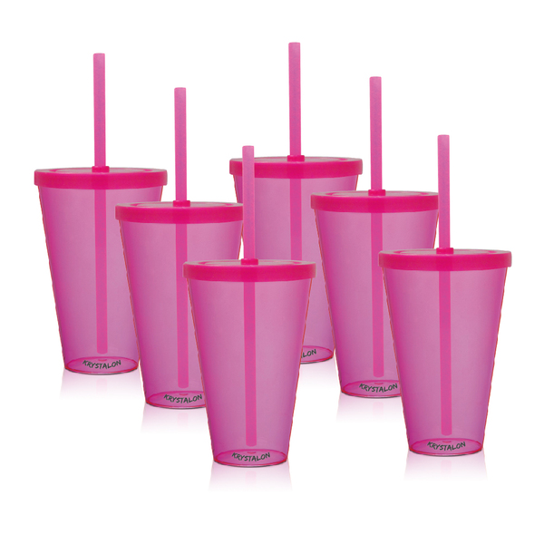 Kit 6 Copos Com Tampa E Canudo Rosa Acrílico Ps Krystalon