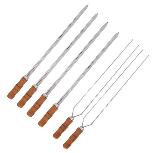 Kit 6 Espetos 4 Espada E 2 Duplo 70cm Inox - Cabo De Madeira