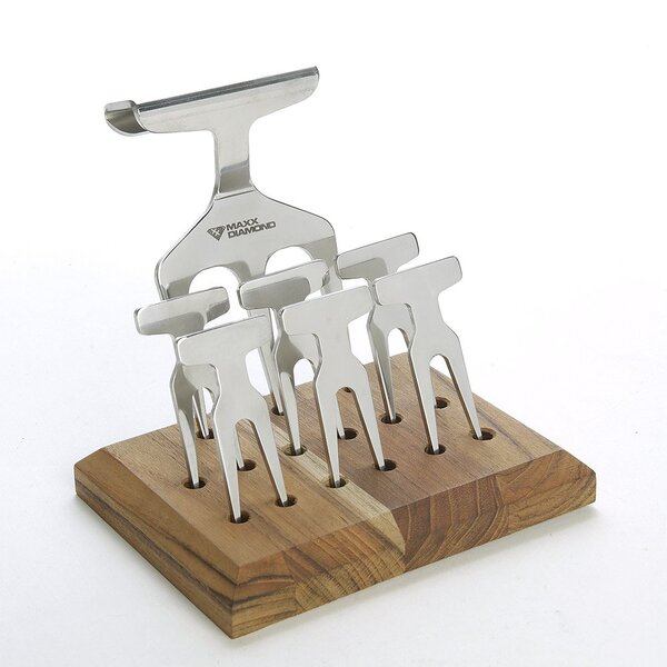 Kit 6 Garfos De Petisco E 1 Tridente + Base Carnes Em Inox