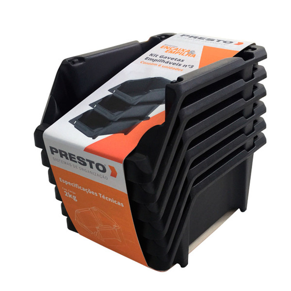 Kit 6 Gavetas Empilhaveis N3 Preto Presto