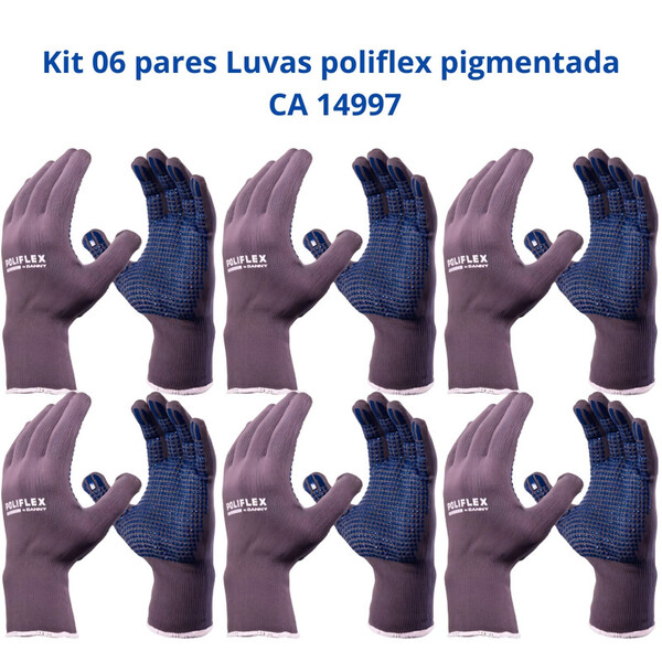 Kit 6 Luvas Proteção Poliflex Pigmentada Cinza Antiderrapante
