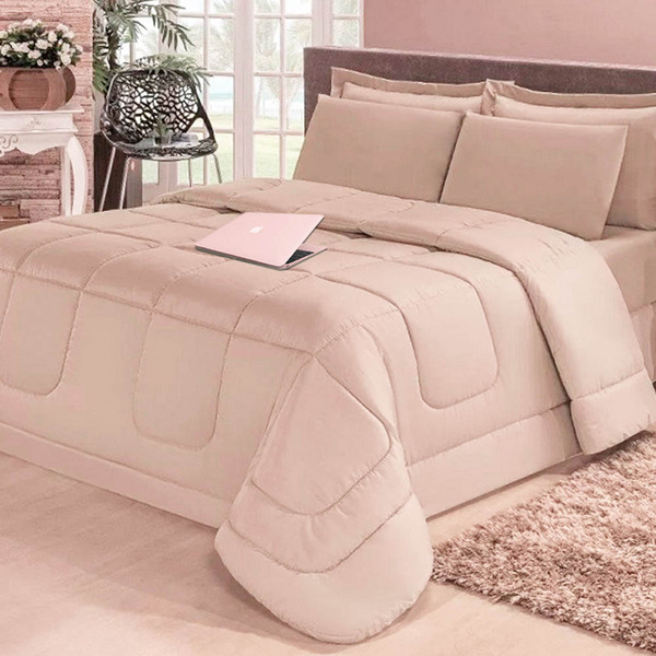 Kit 6 Peças: Edredom Dupla Face Casa Dona Casal Queen Bege