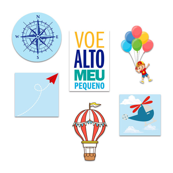 Kit 6 Placas Quadros Decorativos Infantil Menino Voe Alto