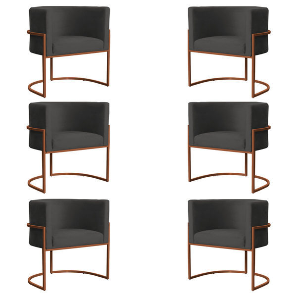 Kit 6 Poltronas Decorativa Luana Base Bronze Veludo Cinza - M