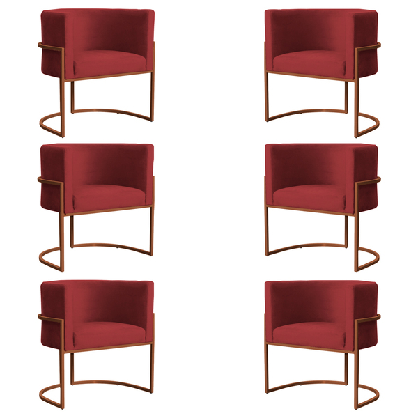 Kit 6 Poltronas Decorativa Luana Base Bronze Veludo Vermelho
