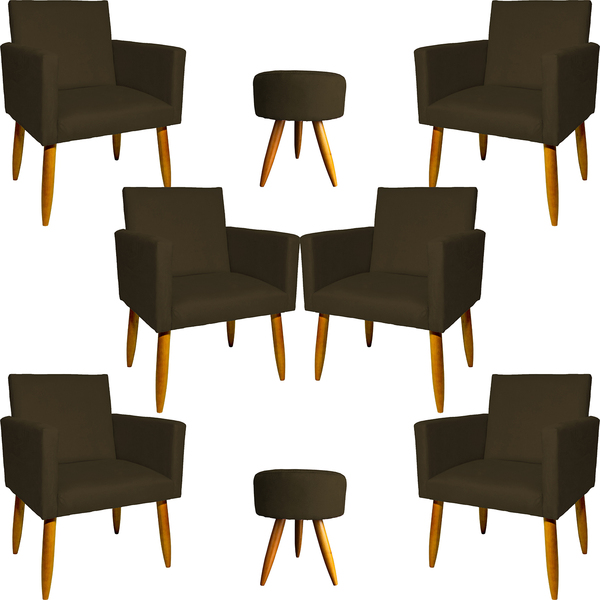 Kit 6 Poltronas Decorativas Para Sala, Recepção Nina + 2 Puff