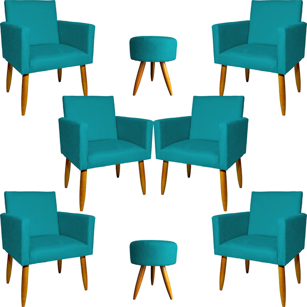 Kit 6 Poltronas Decorativas Para Sala, Recepção Nina + 2 Puff