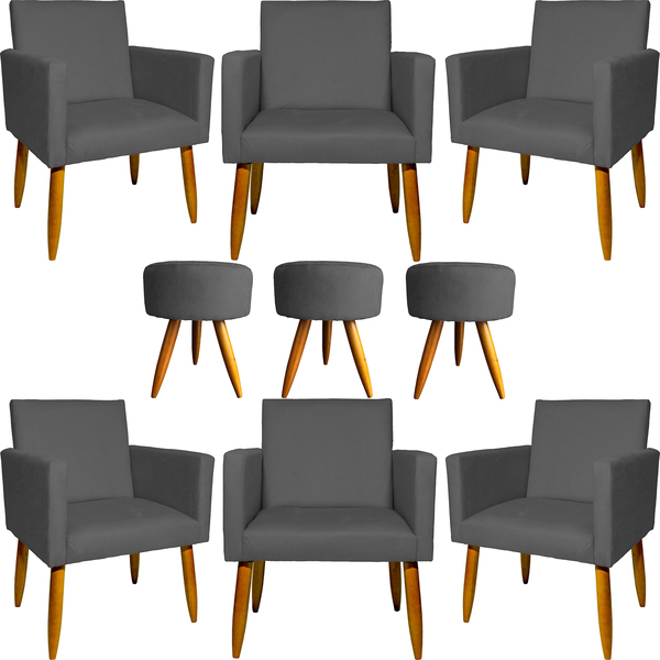 Kit 6 Poltronas Decorativas Para Sala, Recepção Nina + 3 Puff
