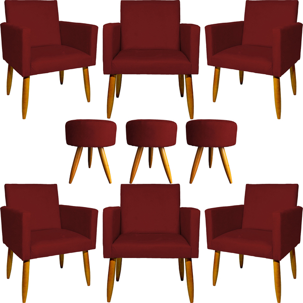 Kit 6 Poltronas Decorativas Para Sala, Recepção Nina + 3 Puff