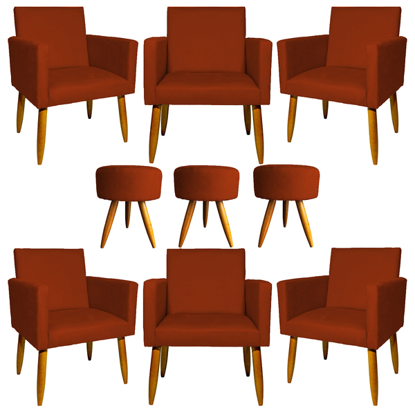 Kit 6 Poltronas Decorativas Para Sala, Recepção Nina + 3 Puff