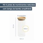 Kit 6 Potes De Vidro Empilhável Hermético Tampa Bambu 800ml O
