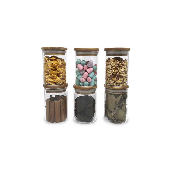 Kit 6 Potes De Vidro P/ Mantimentos 250ml C/ Tampa Bambu Unic
