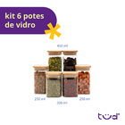 Kit 6 Potes De Vidro Tampa De Bambu Herméticos Quadrados - Tü