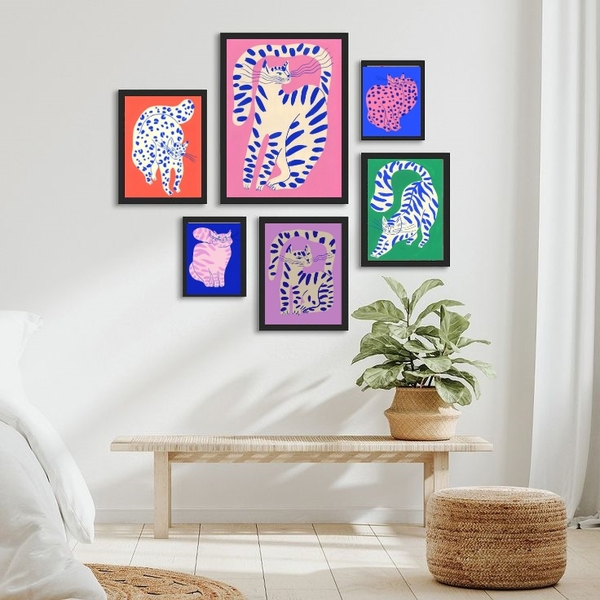 Kit 6 Quadros Artes Gatos Pintados Coloridos - Com Vidro Mold