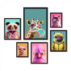 Kit 6 Quadros Bichos Fashion De Óculos - Com Vidro Moldura Br