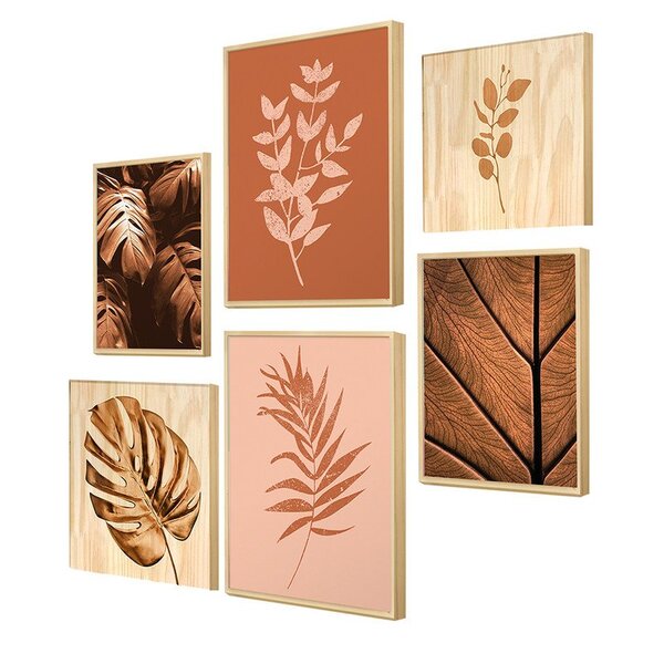 Kit 6 Quadros Decorativo Com Ramos De Folhas Douradas