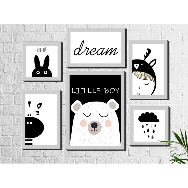 Kit 6 Quadros Decorativos Infantil Urso Cinza E Branco