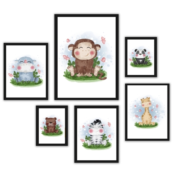 Kit 6 Quadros Infantis Tema Safari Aquarela - Com Vidro Moldu