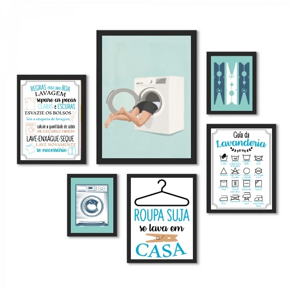 Kit 6 Quadros Lavanderia Divertida Moldura Branca