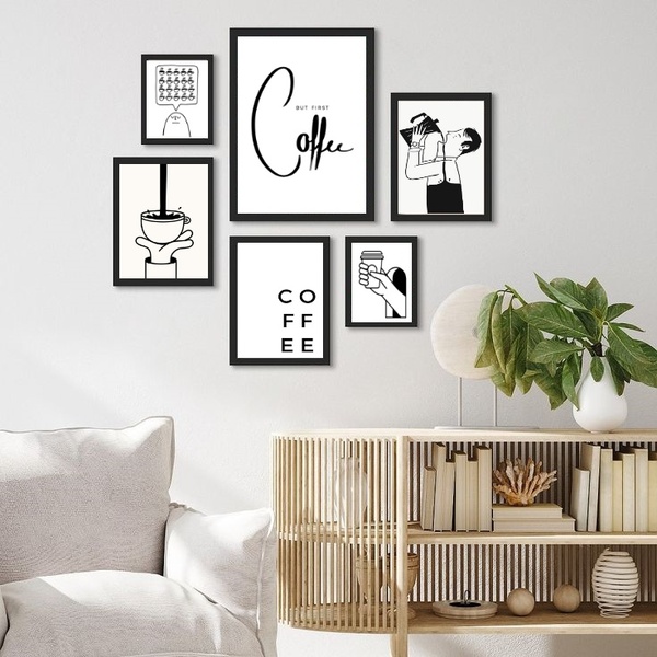Kit 6 Quadros Minimalistas Café Moldura Preta
