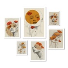 Kit 6 Quadros Mulheres Flores Laranja E Amarelo Moldura Branca