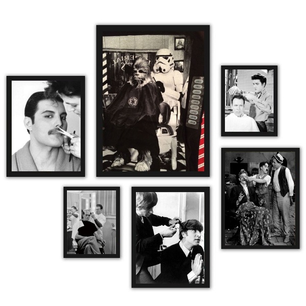 Kit 6 Quadros Para Barbearia - Famosos Antigos Moldura Branca