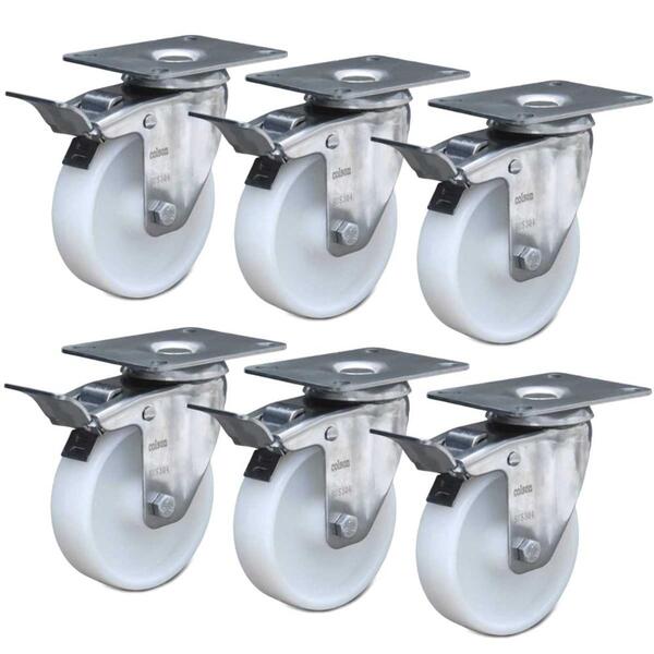 Kit 6 Rodízios 76mm Série 12 Inox Placa Nylon 600kg Com Freio