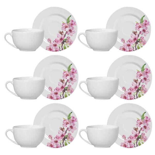 Kit 6 Xícaras Cerâmica Chá Café Pires Flores Rosa 250ml
