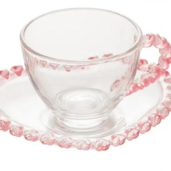 Kit 6 Xicaras De Cafe Cristal Coração Rosa 80ml E Pires Lyor