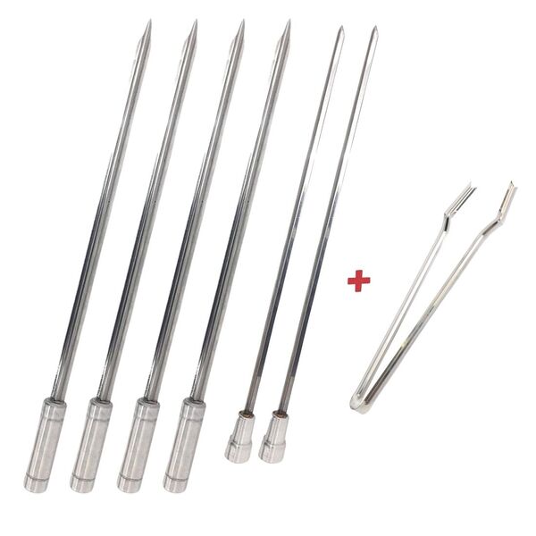 Kit 6x Espetos Inox 40cm Espada, Coração E Pegador De Carnes
