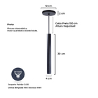 Kit 7 Pendente Luminária Tubo Preto 30 Cm + Lâmpada Led Branc